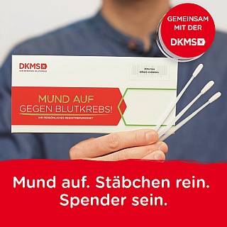DKMS-Werbevorlage 2023-05 mit dem Motto 'Mund auf. Stäbchen rein. Spender sein.'