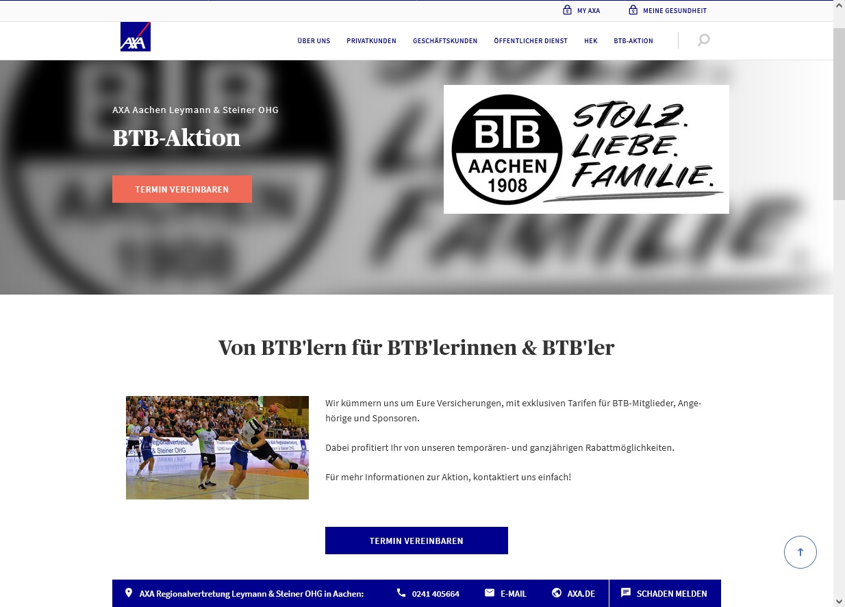 BTB-Aktion auf der Website der AXA-Regionalvertretung Aachen Leymann & Steiner OHG; Aachen, 30.11.2022